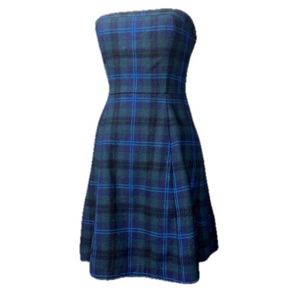 American eagle Strapless Plaid Mini Dress Fall Winter Blue Green Plaid Size 6 - Picture 1 of 6